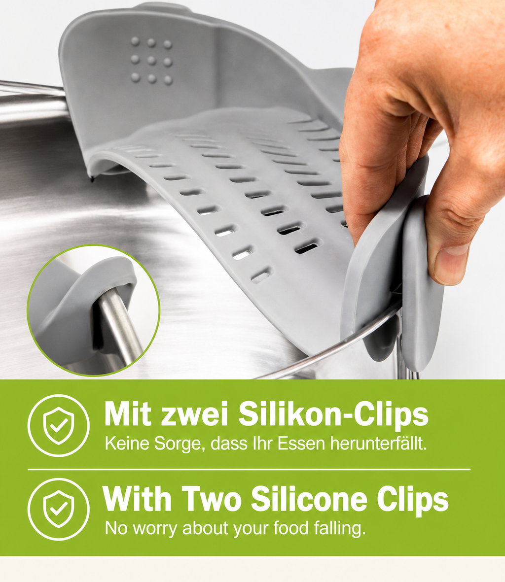 Verstellbares Silikon-Abtropfsieb mit Clip – Nudelsieb & Küchensieb für Gemüse & Obst