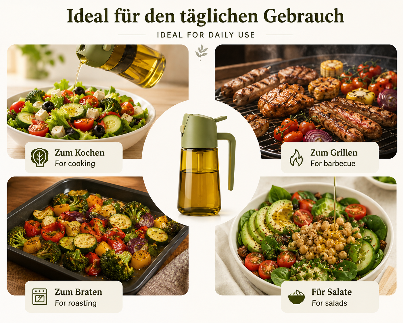 Olivenöl-Sprühflasche aus Kunststoff – 2-in-1 Sprüher & Gießer