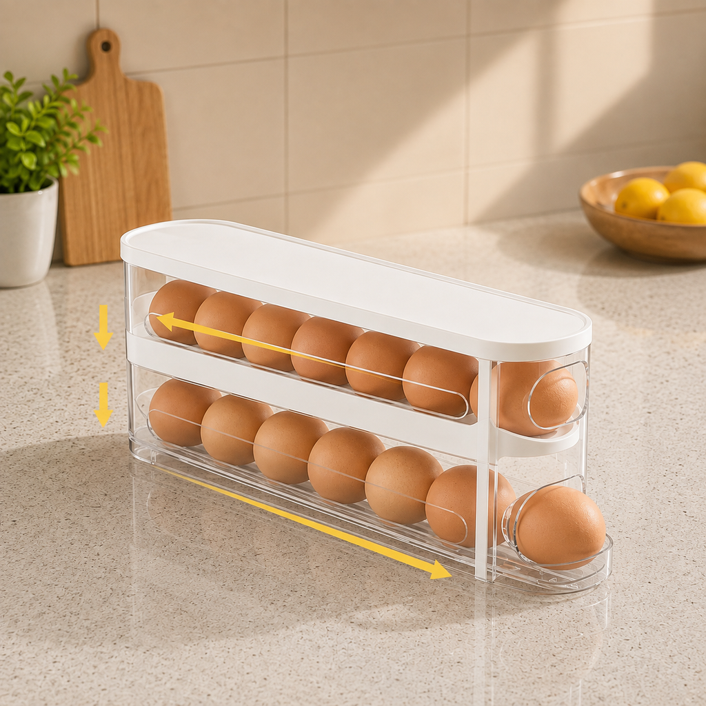 Eierhalter Kühlschrank Zweilagig – Automatischer Rollmechanismus, Eierbox Organizer