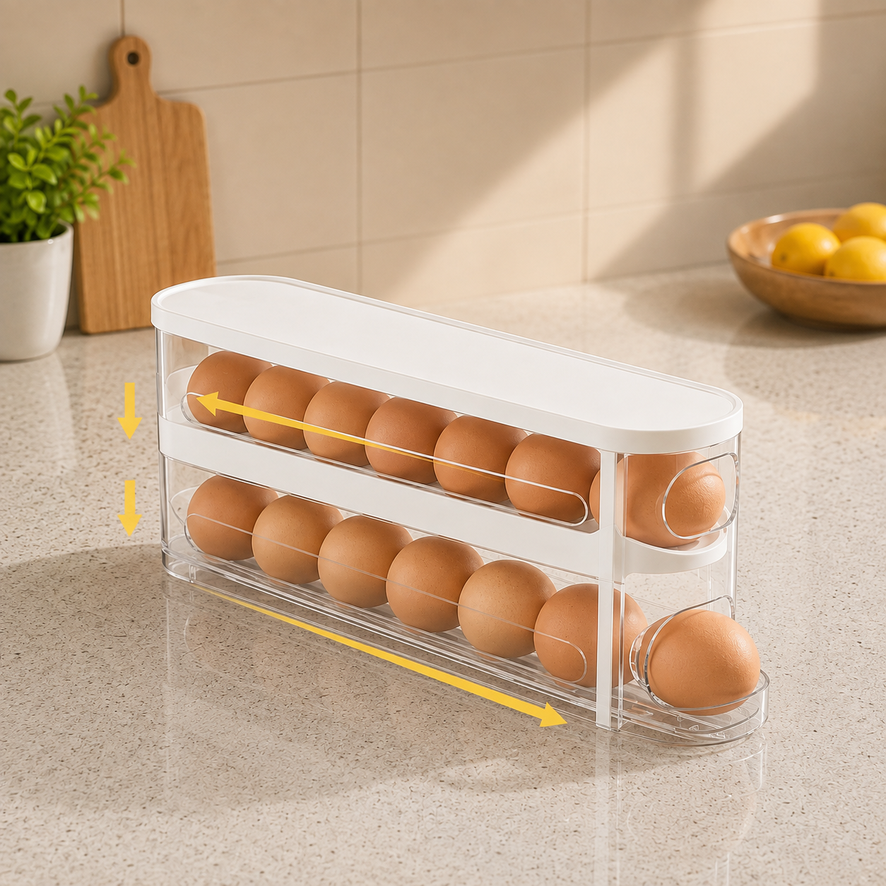 Eierhalter Kühlschrank Zweilagig – Automatischer Rollmechanismus, Eierbox Organizer
