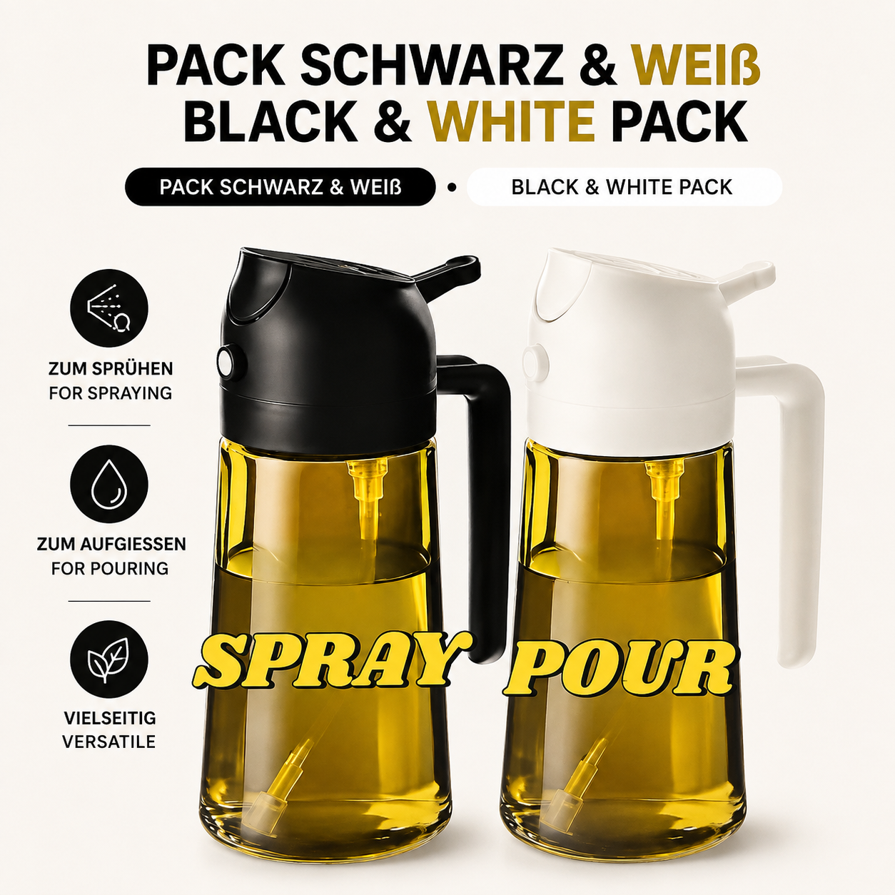 Olivenöl-Sprühflasche aus Kunststoff – 2-in-1 Sprüher & Gießer