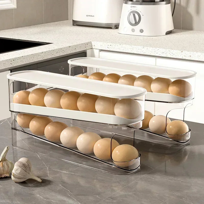 Eierhalter Kühlschrank Zweilagig – Automatischer Rollmechanismus, Eierbox Organizer