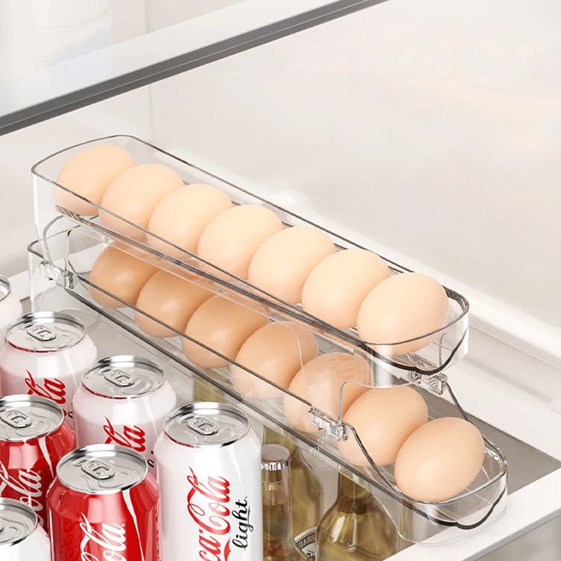 Eierhalter Kühlschrank Zweilagig – Automatischer Rollmechanismus, Eierbox Organizer