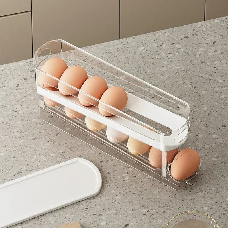 Eierhalter Kühlschrank Zweilagig – Automatischer Rollmechanismus, Eierbox Organizer
