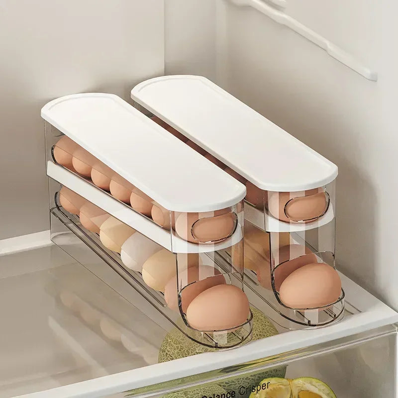 Eierhalter Kühlschrank Zweilagig – Automatischer Rollmechanismus, Eierbox Organizer